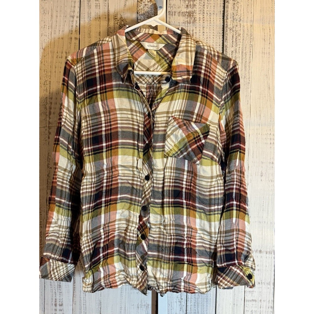 CJ Banks Women’s Blouse X Plaid Brown Orange Green